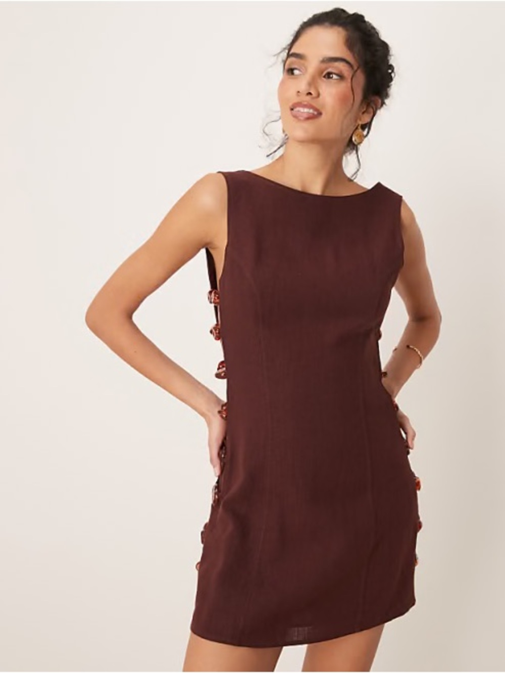 Sleeveless Mini Dress with Side Bow Details in Deep Brown